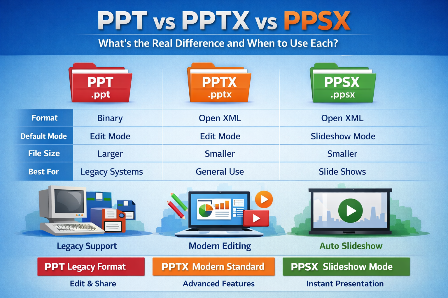 PPT vs PPTX vs PPSX – أي تنسيق PowerPoint يجب أن تستخدمه؟