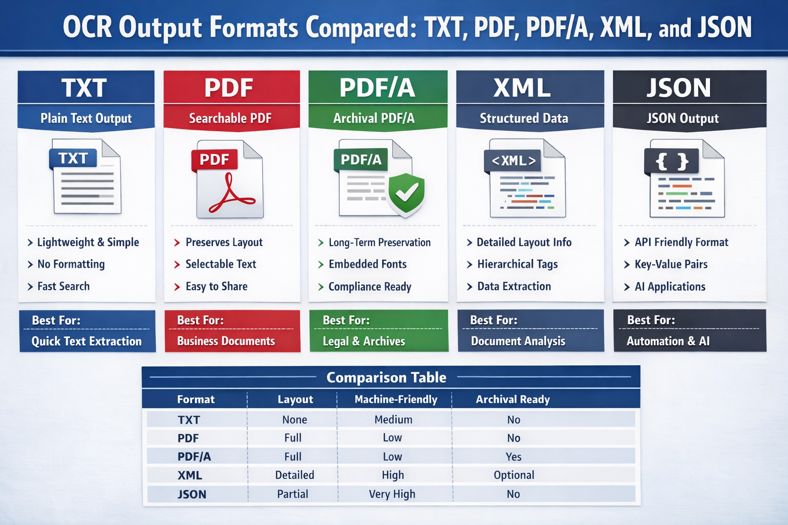 OCR Çıxış Formatları Müqayisəsi: TXT, PDF, PDF/A, XML, JSON