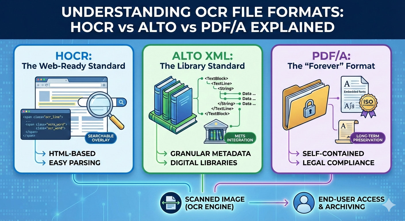 OCR fájlformátumok megértése: HOCR vs ALTO vs PDF/A magyarázata