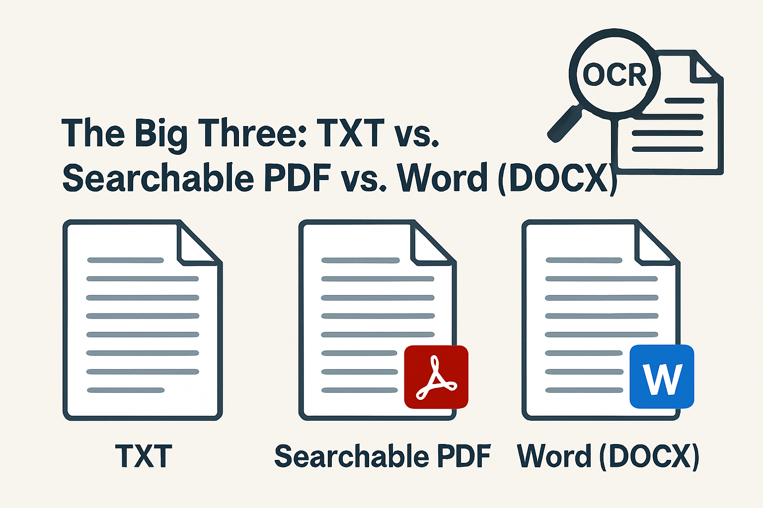 Didieji trys: TXT, Ieškoma PDF ir Word (DOCX) – Koks OCR išvesties formatas jums tinkamas?
