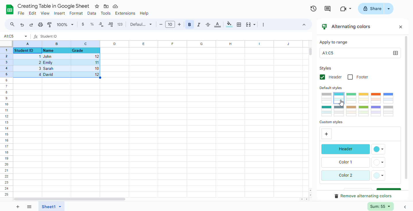 How to Create a Table in Google Sheets 2