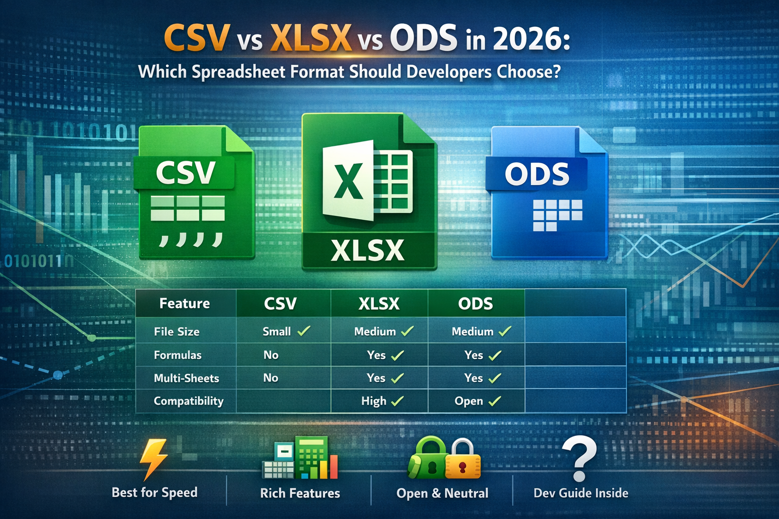 2026 年 CSV vs XLSX vs ODS：开发者最佳电子表格格式